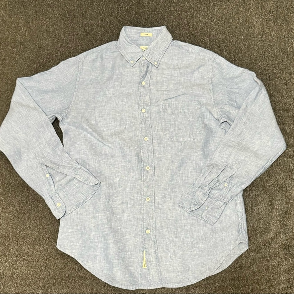 J Crew Shirt Men Small Blue Linen Long Sleeve Button Up Baird Mcnutt Irish Woven